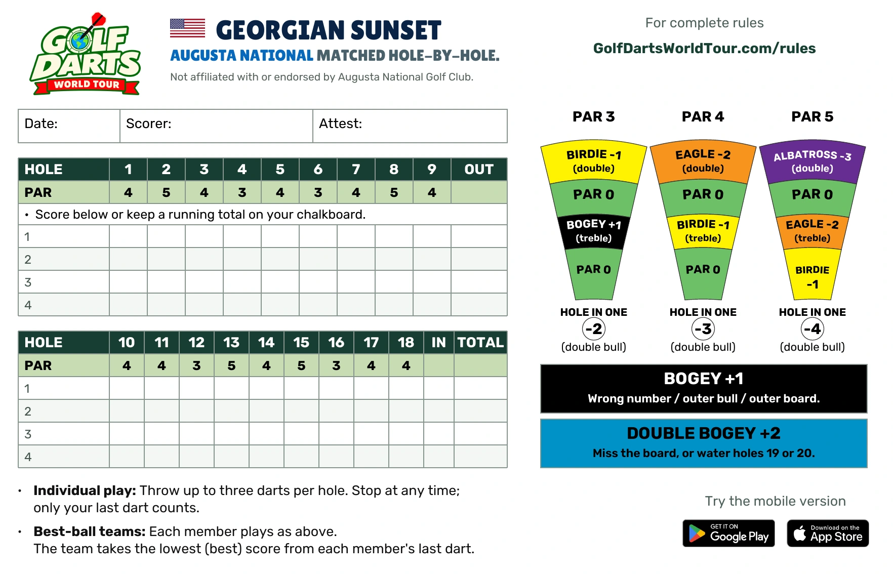 Georgian Sunset Golf Darts scorecard with hole-by-hole pars and scoring guide