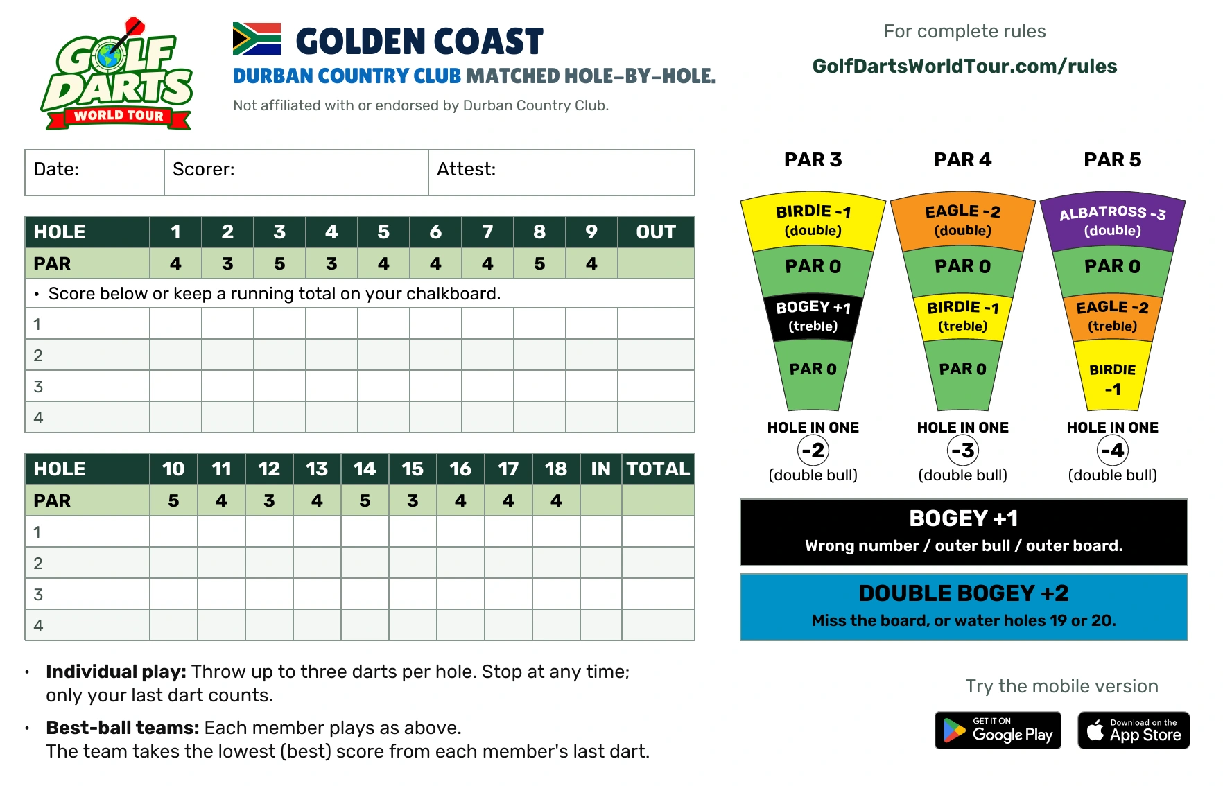 Golden Coast Golf Darts scorecard with hole-by-hole pars and scoring guide