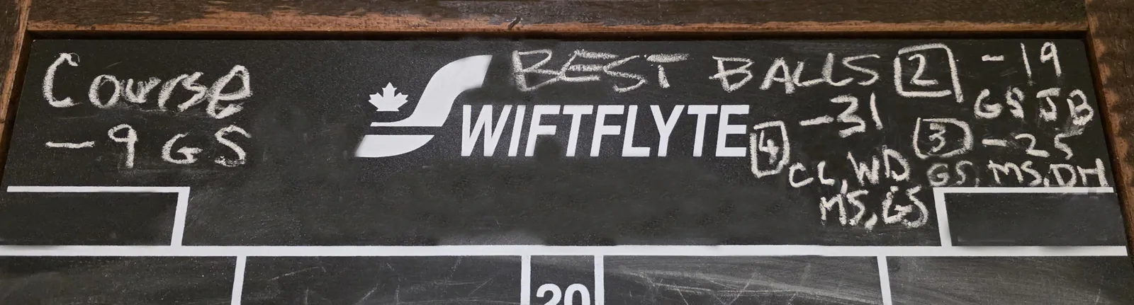 Golf Darts course records on a dartboard chalkboard, showing single-player and two-, three-, and four-player best-ball scores with initials.