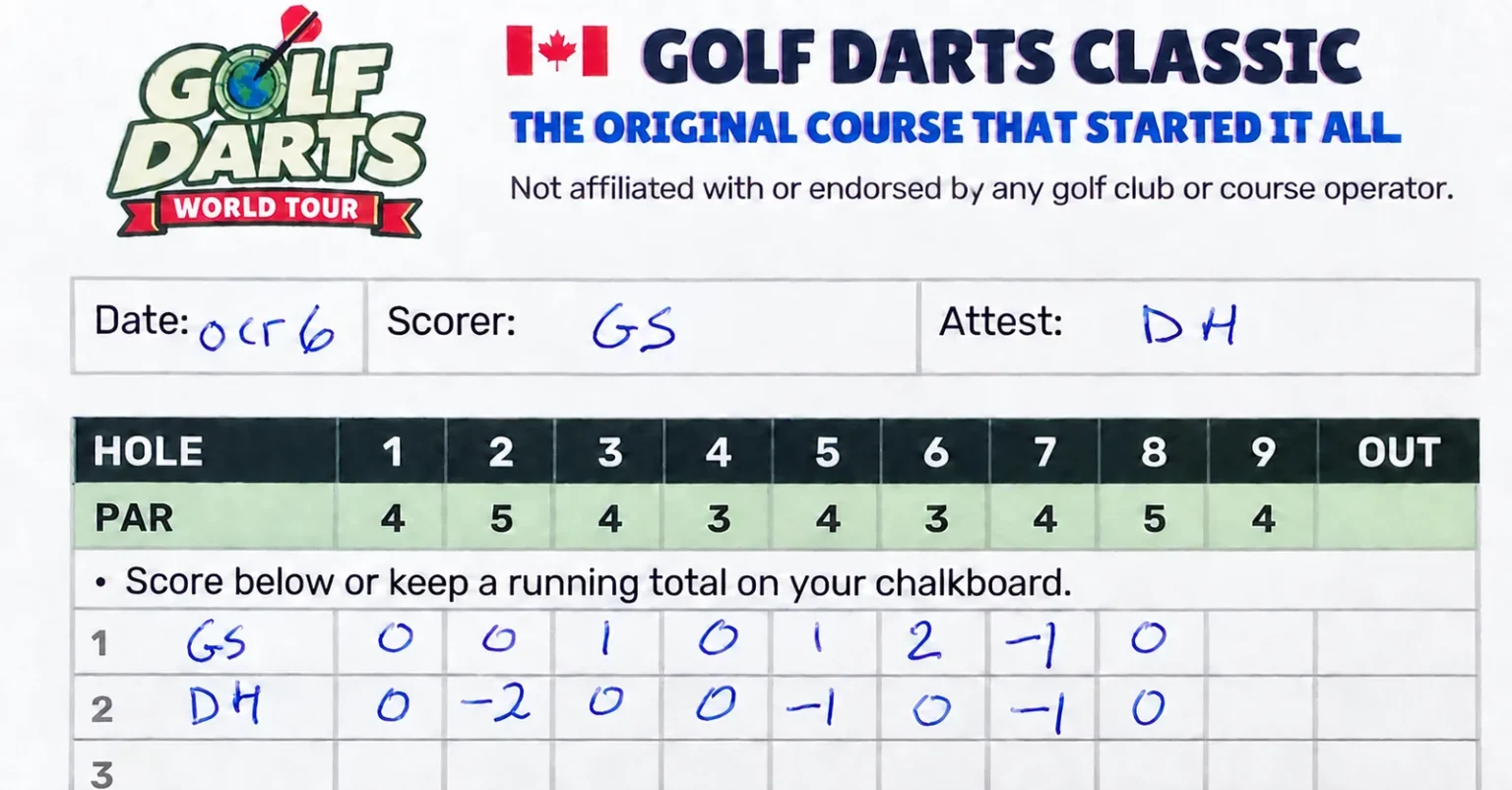 Filled-in Golf Darts Classic scorecard after eight holes: GS at +3 and DH at minus 4, with zero for both players on hole 8.