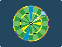 Golf Darts World Tour rules illustration: color-coded dartboard with a dart in the double bull