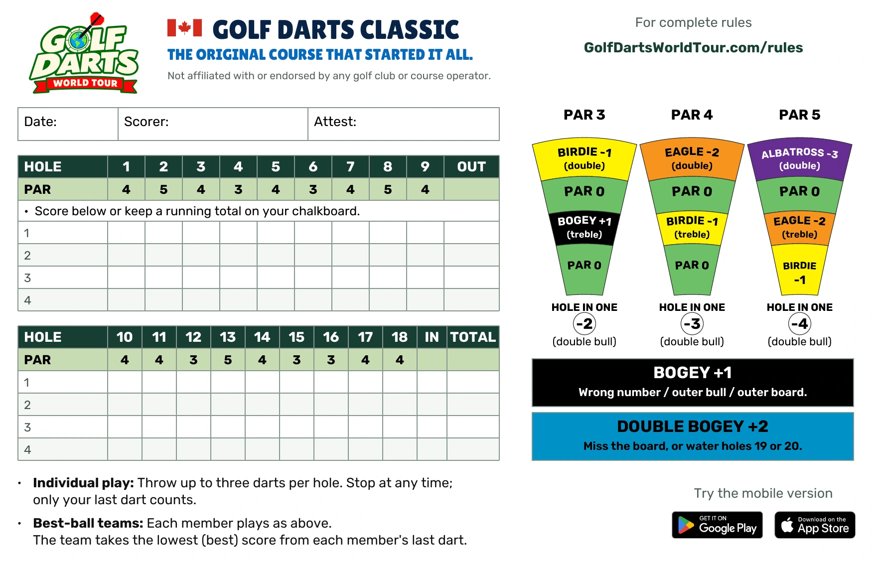 Golf Darts Classic Golf Darts scorecard with hole-by-hole pars and scoring guide