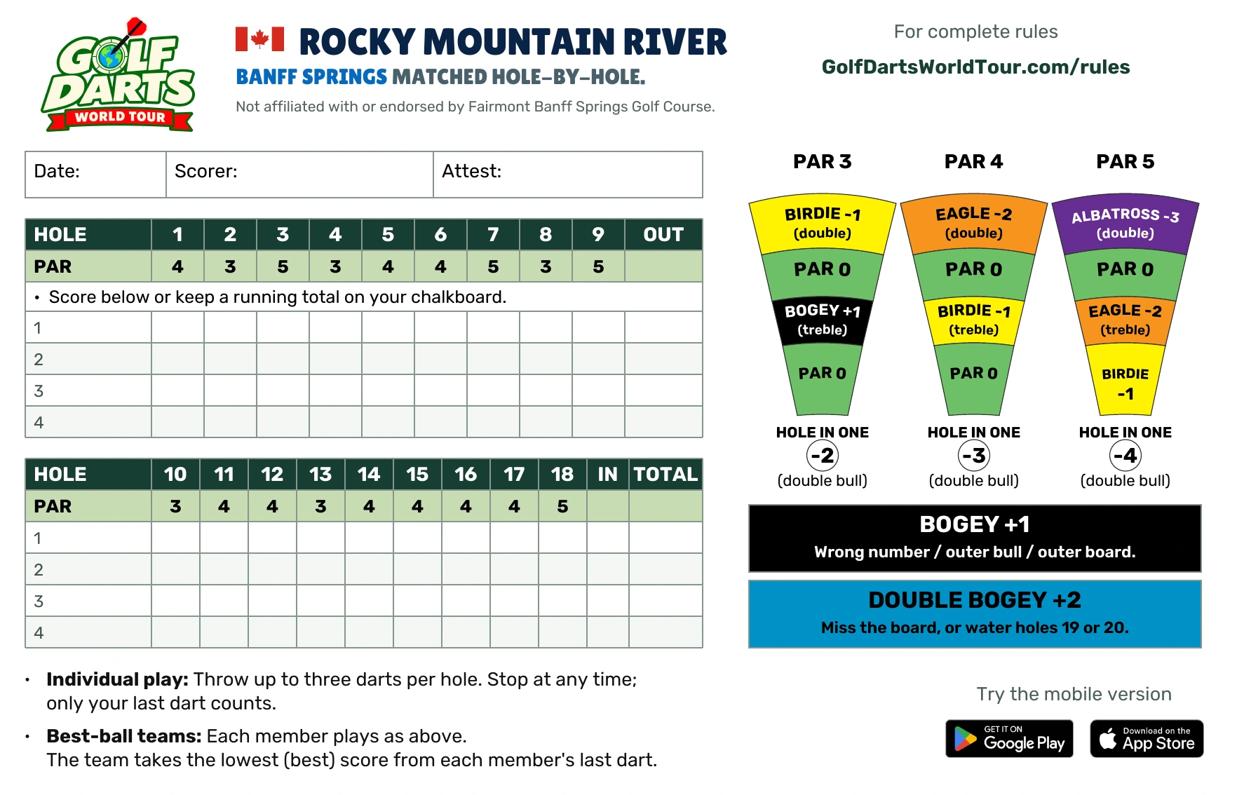 Rocky Mountain River Golf Darts scorecard with hole-by-hole pars and scoring guide